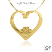 14K Gold Heart & Paw Necklace, Heart Dog Slide