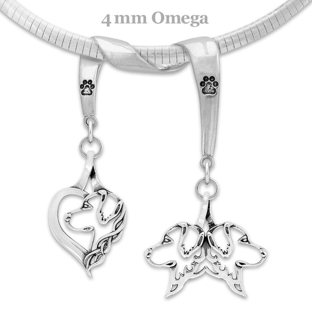 Golden Retriever Necklace Head Designs on Paw Print Charm Holder in Sterling Silver on Omega Chain.