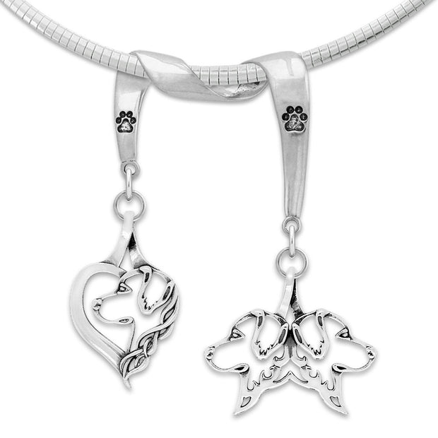 Golden Retriever Necklace Head Designs on Paw Print Charm Holder in Sterling Silver on Omega Chain.