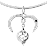 Golden Retriever Necklace Head in Heart Design with Open Heart Charm Holder with Paw Print in Sterling Silver on Omega Chain.