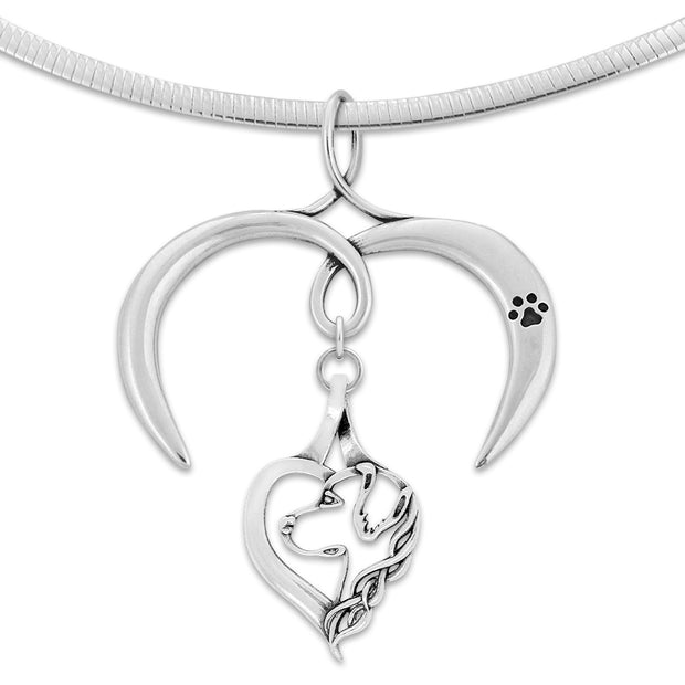 Golden Retriever Necklace Head in Heart Design with Open Heart Charm Holder with Paw Print in Sterling Silver on Omega Chain.
