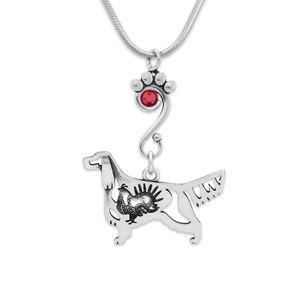Gordon Setter Necklace Body Design with Grouse with Siam Crystal in Sterling Silver on Snake Chain.