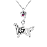 Gordon Setter Necklace Body Design with Grouse with Volcano Crystal in Sterling Silver on Box Chain.