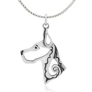 Great Dane Necklace Head Design with Cropped Ears in Sterling Silver on Box Chain.