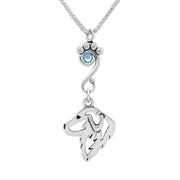 Great Pyrenees Necklace Head Design with Light Sapphire Crystal in Sterling Silver on Box Chain.