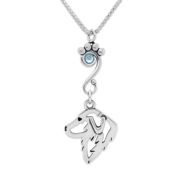 Great Pyrenees Necklace Head Design with Light Sapphire Crystal in Sterling Silver on Box Chain.