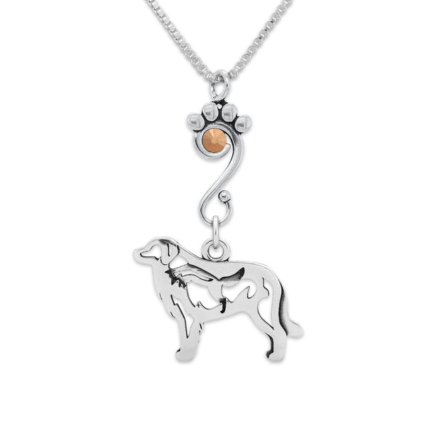 Great Pyrenees Necklace Body Design with Fox with Rose Gold Crystal in Sterling Silver on Box Chain.