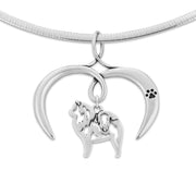 Chow Chow Necklace Body Design with Open Heart Charm Holder with Paw Print in Sterling Silver on Omega Chain.