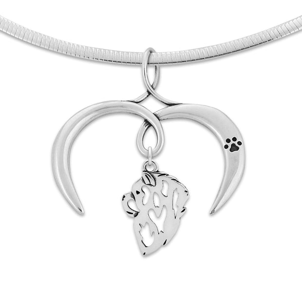 Chow Chow Necklace Head Design with Open Heart Charm Holder with Paw Print in Sterling Silver on Omega Chain.