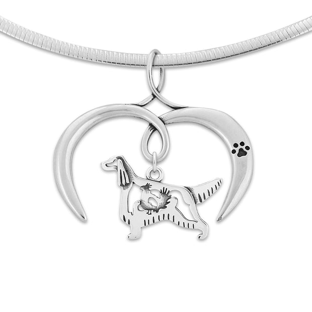 Irish Setter Necklace Body Design with Open Heart Charm Holder with Paw Print in Sterling Silver on Omega Chain.