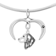 Nederlandse Kooikerhondje Necklace Head Design with Open Heart Charm Holder with Paw Print in Sterling Silver on Omega Chain.