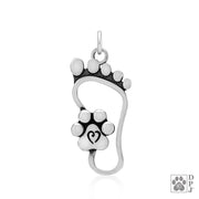 Paw print on left side of hollow foot necklace, Bracelet charm jewelry in sterling silver