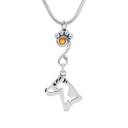 Jack Russell Terrier Necklace Head Design with Fox with Topaz Crystal in Sterling Silver on Snake Chain.