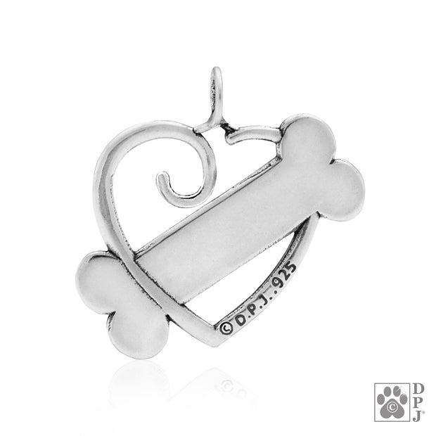 Heart and bone necklace pendant in sterling silver