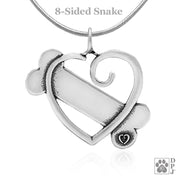 Bone and heart cupid necklace pendant in sterling silver, Gifts for dog people 