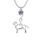 Labrador Retriever Necklace Body Design with Sapphire Crystal in Sterling Silver on Snake Chain.
