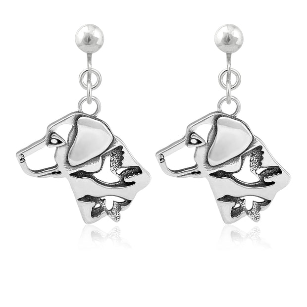Labrador Retriever Clip-On Earrings Head Design with Ducks in Sterling Silver.