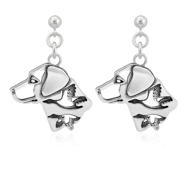 Labrador Retriever Earrings Head Design with Ducks in Sterling Silver in Dangle Post.