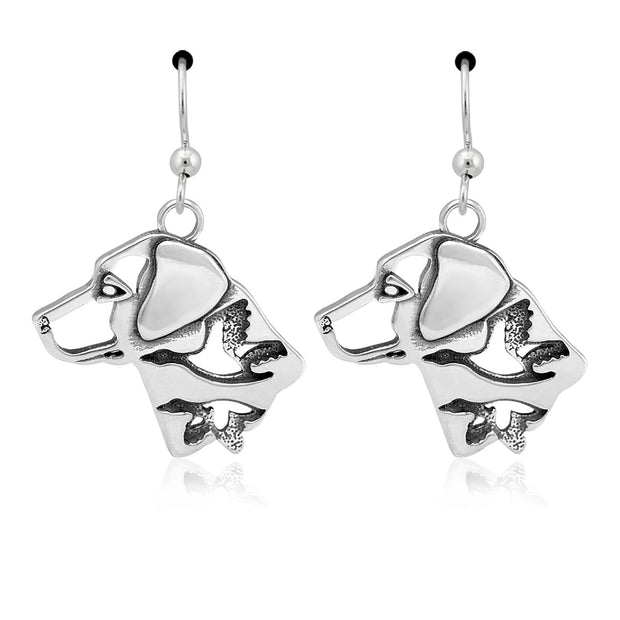 Labrador Retriever Earrings Head Design with Ducks in Sterling Silver in French Hook.