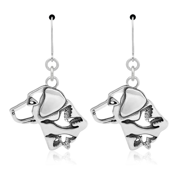 Labrador Retriever Earrings Head Design with Ducks in Sterling Silver in Leverback.