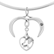 Labrador Retriever Necklace Head in Heart Design with Open Heart Charm Holder with Paw Print in Sterling Silver on Omega Chain.