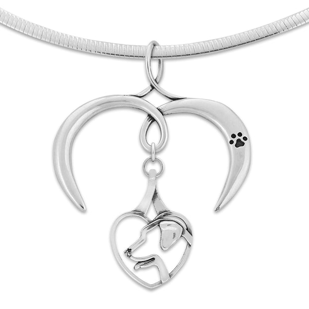 Labrador Retriever Necklace Head in Heart Design with Open Heart Charm Holder with Paw Print in Sterling Silver on Omega Chain.
