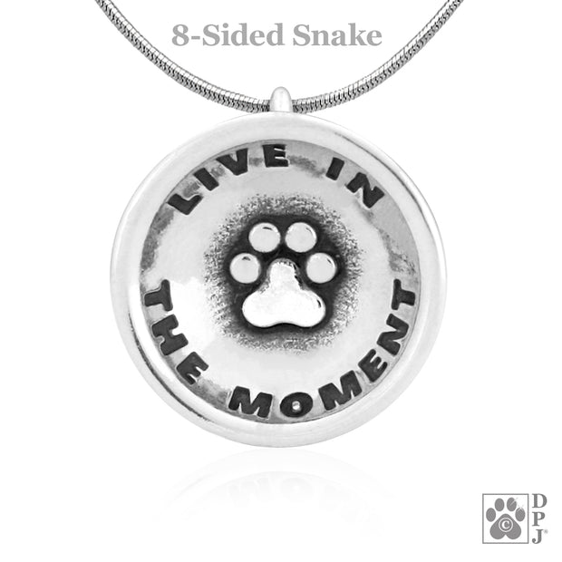 "Live In The Moment" Sterling silver paw print necklace jewelry, "Live In The Moment" gifts