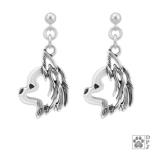 Sterling silver Longhaired Chihuahua earrings head study on dangle posts, Longhaired Chihuahua jewelry