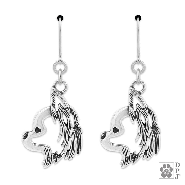 Sterling silver Longhaired Chihuahua earrings head study on leverbacks, Longhaired Chihuahua accessories