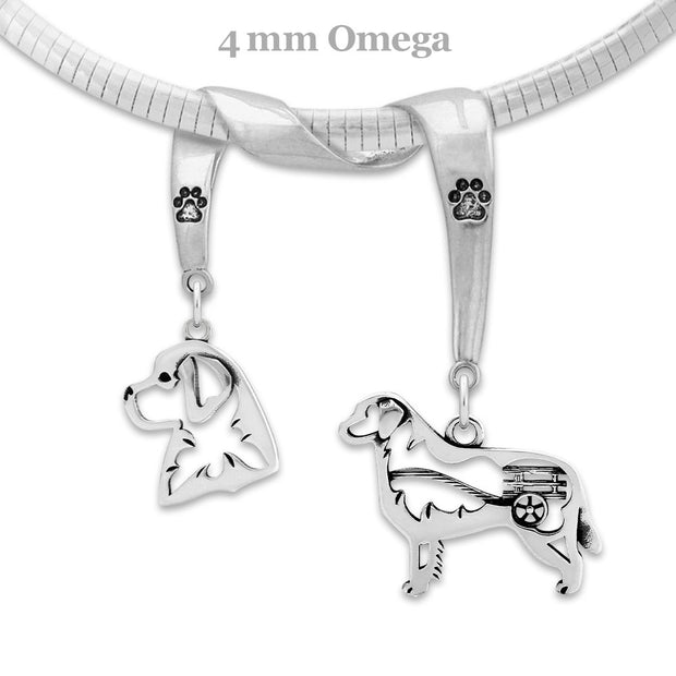 Bernese Mountain Dog Necklace Head and Body Designs on Paw Print Charm Holder in Sterling Silver on Omega Chain.