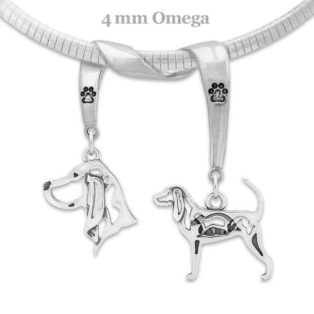 Black and Tan Coonhound Necklace Head and Body Designs on Paw Print Charm Holder in Sterling Silver on Omega Chain. 