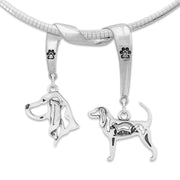 Black and Tan Coonhound Necklace Head and Body Designs on Paw Print Charm Holder in Sterling Silver on Omega Chain. 