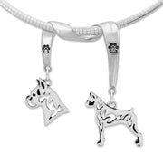 Boxer Head and Body Designs on Paw Print Charm Holder in Sterling Silver on Omega Chain.