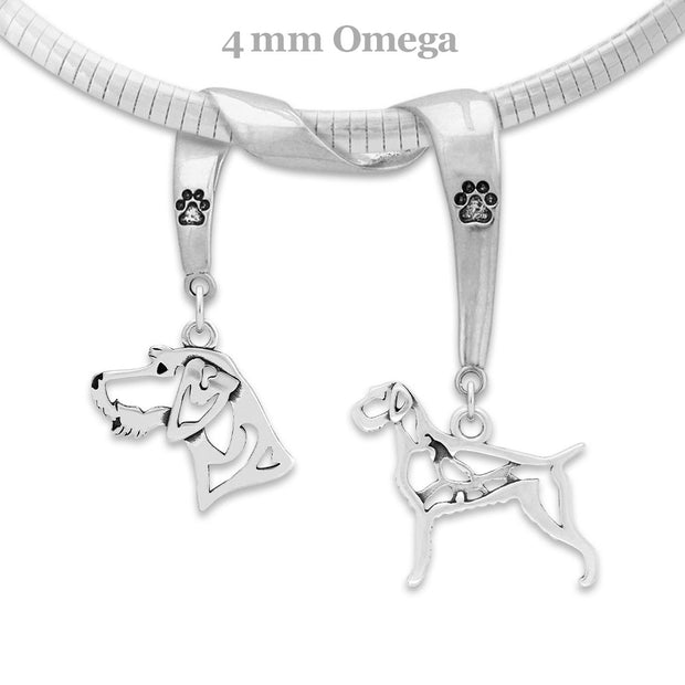 German Wirehaired Pointer Necklace Head and Body Designs on Paw Print Charm Holder in Sterling Silver on Omega Chain. 