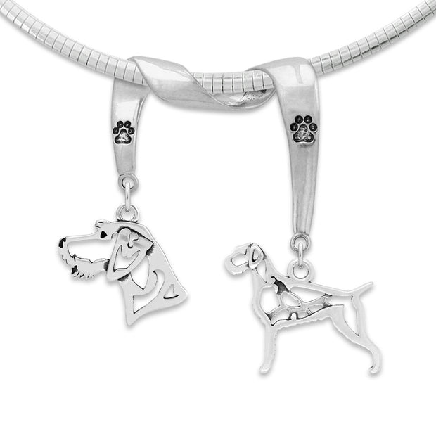 German Wirehaired Pointer Necklace Head and Body Designs on Paw Print Charm Holder in Sterling Silver on Omega Chain. 