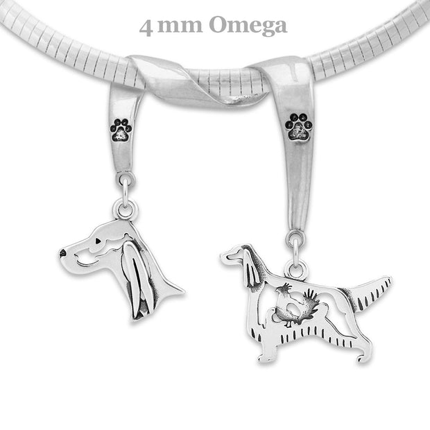 Irish Setter Necklace Head and Body Designs on Paw Print Charm Holder in Sterling Silver on Omega Chain. 