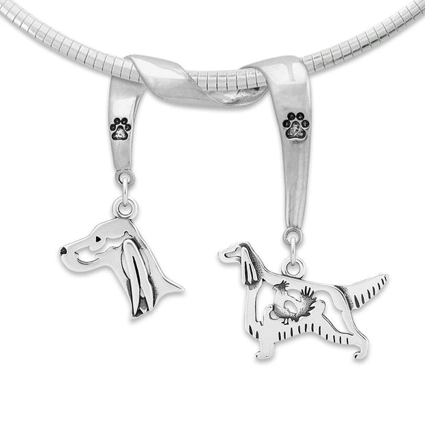 Irish Setter Necklace Head and Body Designs on Paw Print Charm Holder in Sterling Silver on Omega Chain. 