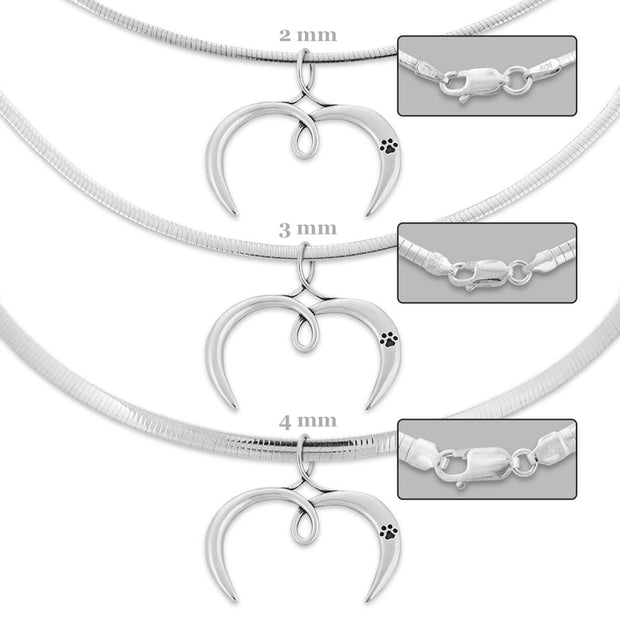 Open Heart Charm Holder with Paw Print in Sterling Silver Shown on Omega Chains.