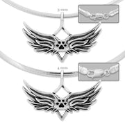 Pet Loss Necklace with Angel Wing Charm Holder with Paw Print in Sterling Silver Shown on Omega Chain.