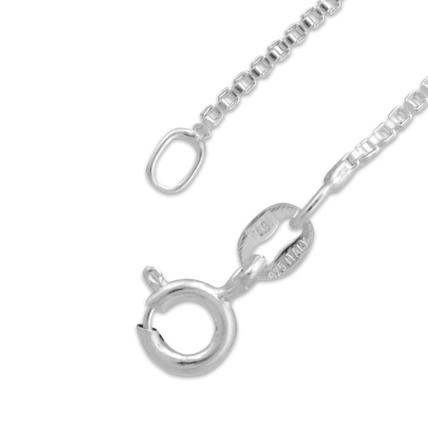 Close up image of the sterling silver box chain with spring ring clasp.
