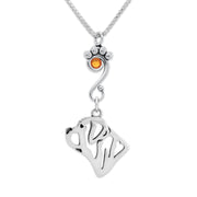 Mastiff Necklace Head Design with Topaz Crystal in Sterling Silver on Box Chain.