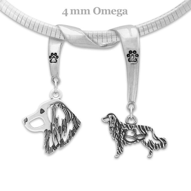 Nederlandse Kooikerhondje Necklace Head and Body Designs on Paw Print Charm Holder in Sterling Silver on Omega Chain. 