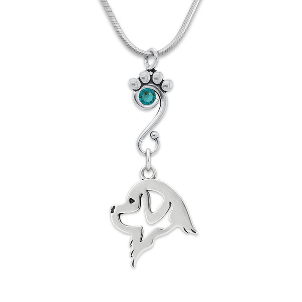 Newfoundland Necklace Head Design with Teal Crystal in Sterling Silver on Snake Chain.