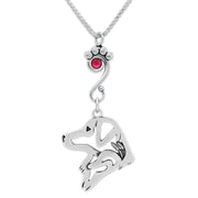 Nova Scotia Duck Tolling Retriever Necklace Head Design with Ruby Crystal in Sterling Silver on Box Chain.