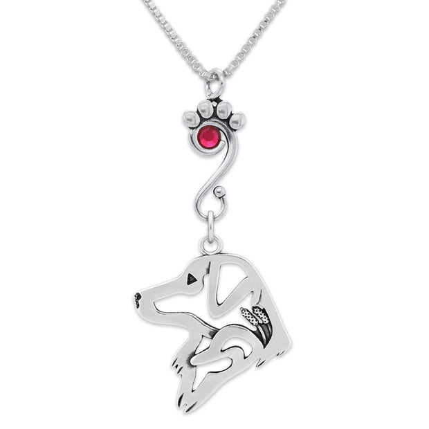 Nova Scotia Duck Tolling Retriever Necklace Head Design with Ruby Crystal in Sterling Silver on Box Chain.