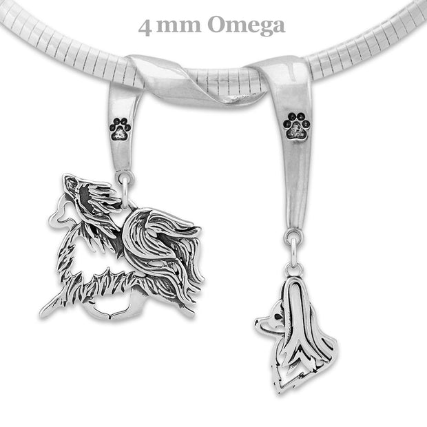 Papillon Necklace Head and Body Designs on Paw Print Charm Holder in Sterling Silver on Omega Chain.