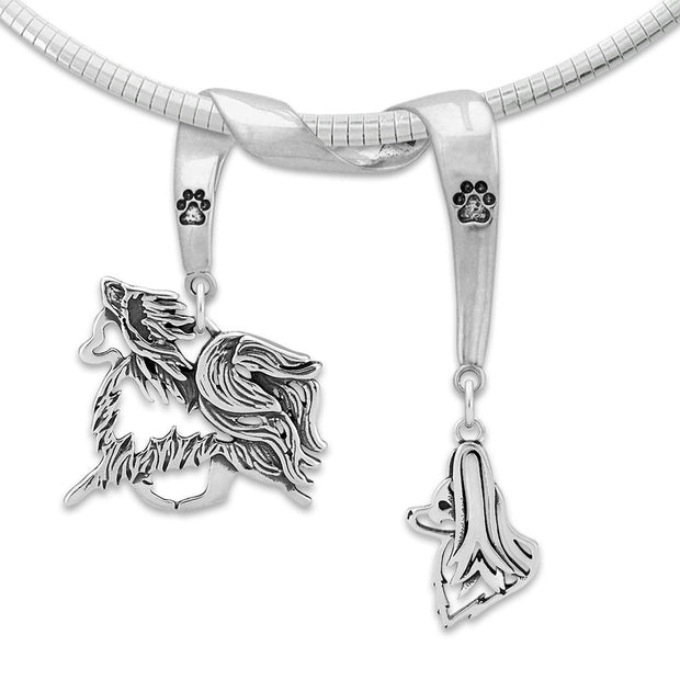 Papillon Necklace Head and Body Designs on Paw Print Charm Holder in Sterling Silver on Omega Chain.
