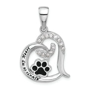 CZ Paw Print Heart Pendant in Sterling Silver, Always On My Heart Necklace