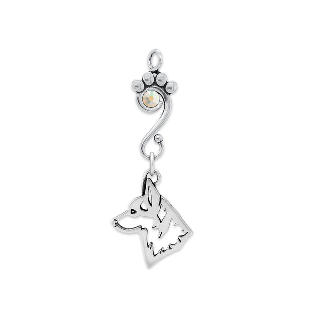 Pembroke Welsh Corgi Pendant Head Design with Aurora Borealis Crystal in Sterling Silver.