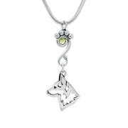 Pembroke Welsh Corgi Necklace Head Design with Peridot Crystal in Sterling Silver on Snake Chain.